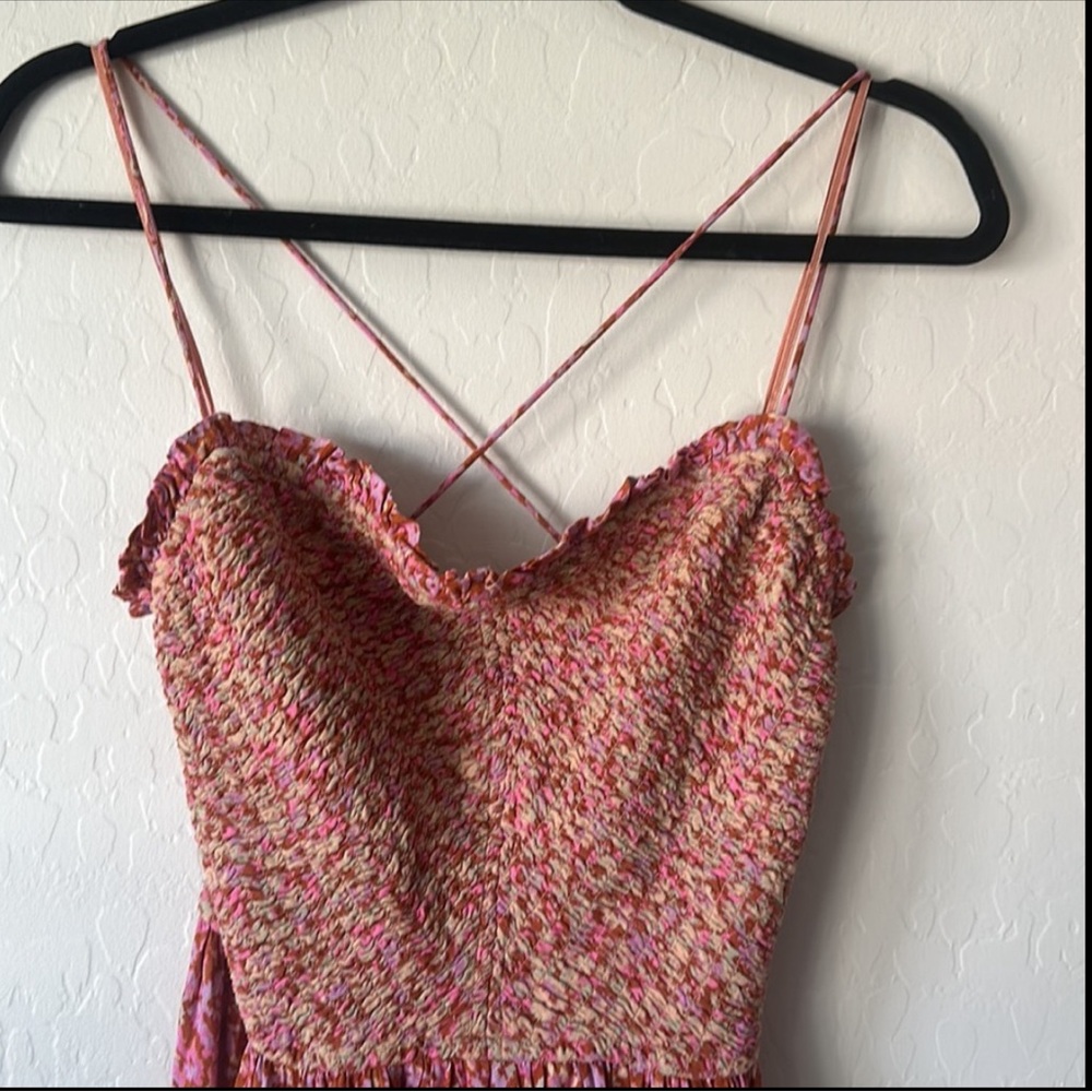 Free People One I Love Dress in Caramel Combo Pink and Tan Maxi Ruffle Hem Sz L - Picture 16 of 16